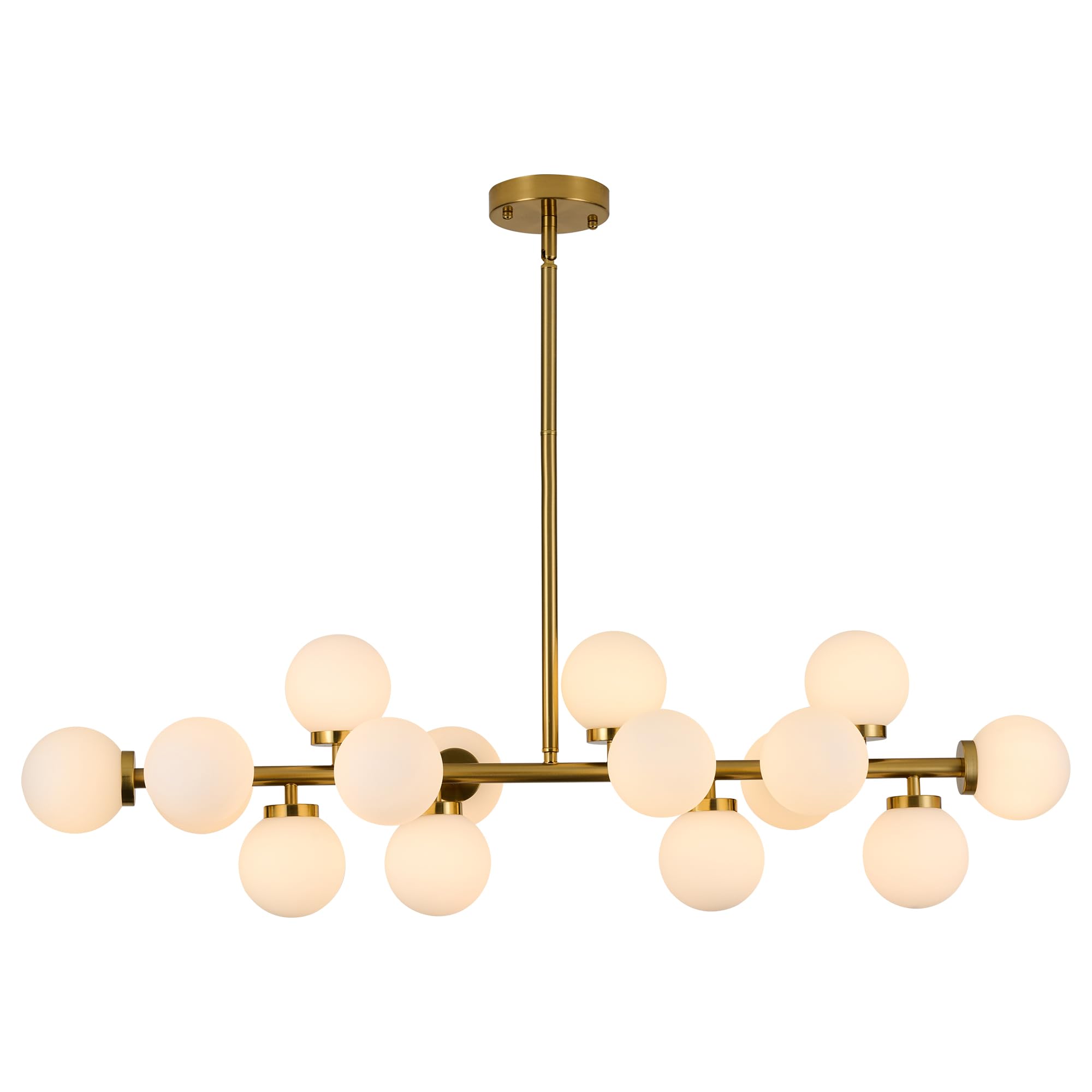 XILICON Linear Chandeliers Modern Brushed Brass Chandeliers for Dining Room 16-Lights and White Glass Pendant Lighting Mid Century Globe Dining Light Fixture for Living Room Kitchen