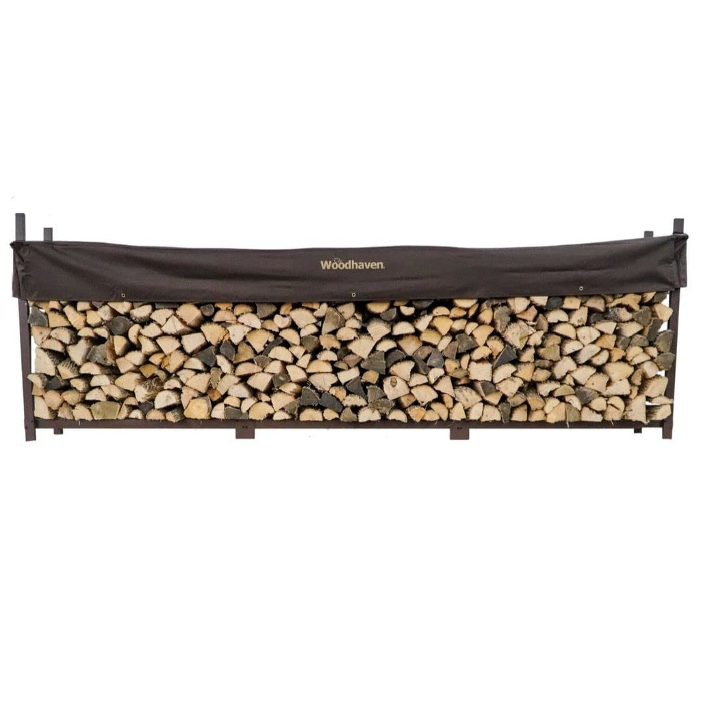 Woodhaven 12-Foot Brown Firewood Rack – American Brand – 3/4 Cord Raised Lumber Storage Rack – Keeps Wood Dry & Ready – Heavy-Duty Steel, Lifetime Structural Warranty (With Cover)