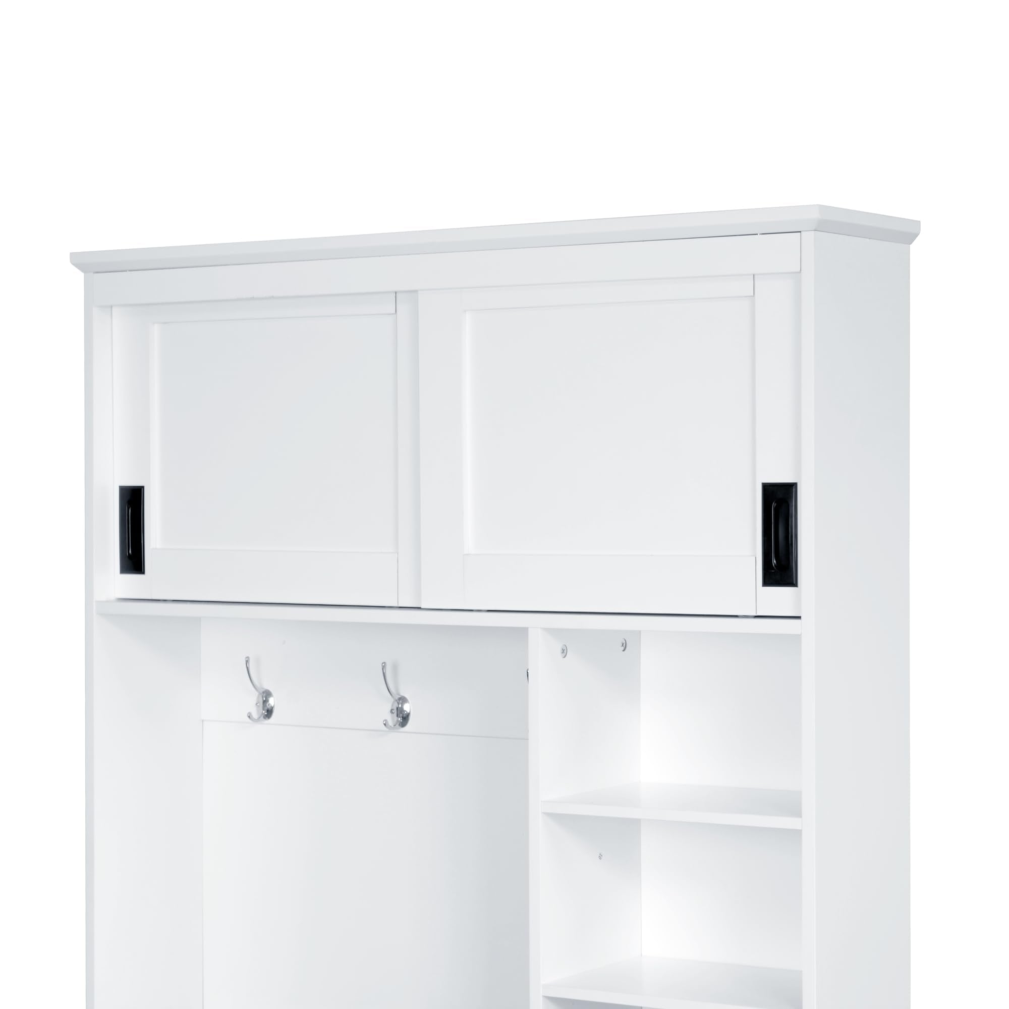 Virubi Modern Entryway Shoe Bench with Coat Rack & Storage – 40.2" Wide Hall Tree with 3 Hooks, 3 Drawers, Shelves & Seating for Hallway, Living Room – Sturdy White/Wood Finish, Easy Assembly