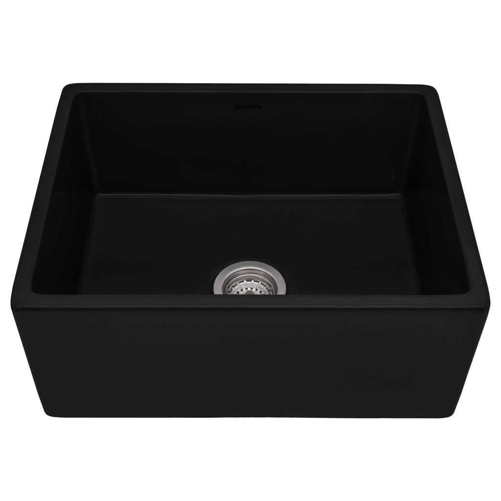 Ruvati 23-inch Fireclay Farmhouse Kitchen Laundry Utility Sink Single Bowl - Glossy Black- RVL2468BK