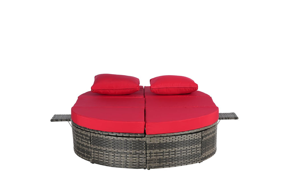 Bituman Luxury Round Patio Daybed with Pillows, Foldable Wicker Sun Lounger Featuring Adjustable Backrests & Cup Holders, 600lbs Heavy Duty Steel Frame, Fully Assembled Outdoor Furniture for Poolside