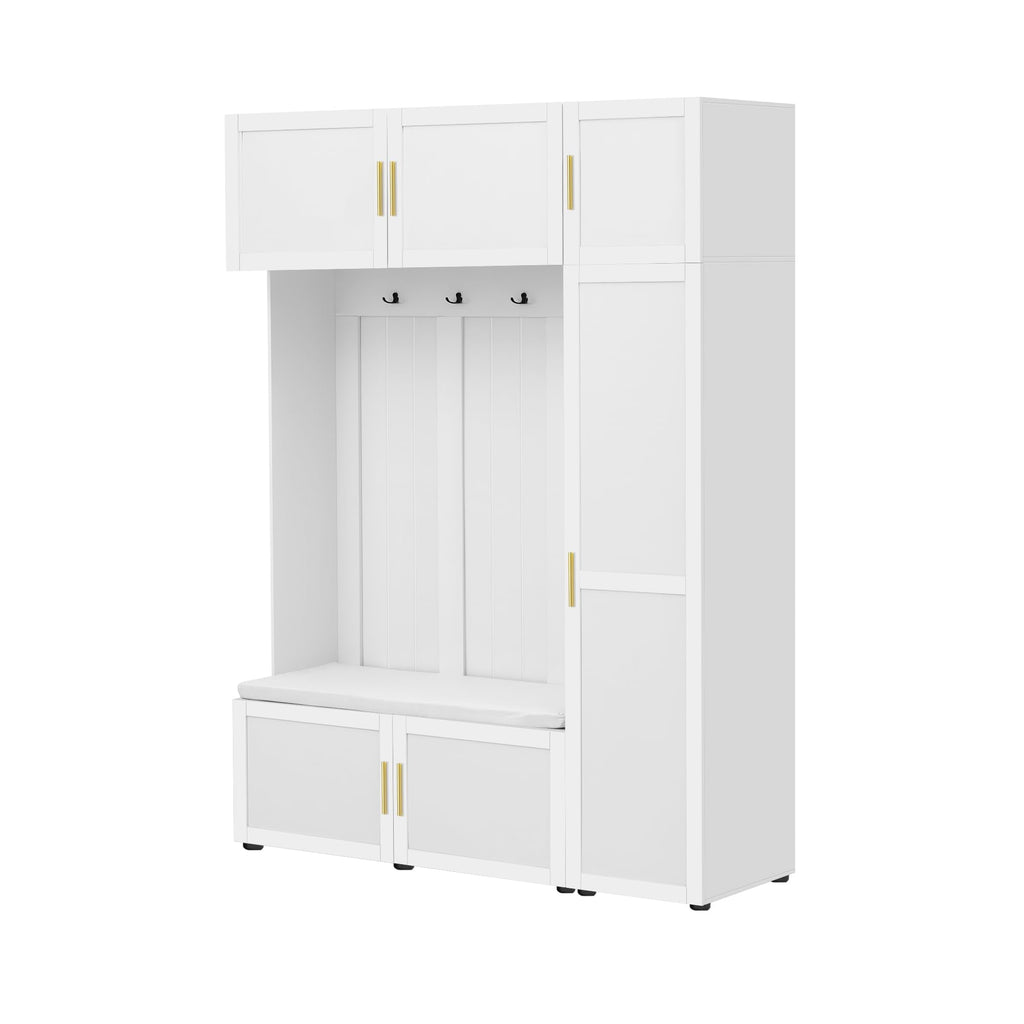 Amposei Modern Hall Tree with Shoe Storage Bench & Coat Rack, 79.72''H Tall Entryway Cabinet Organizer with 6 Doors, 4 Hooks & Padded Seat for Hallway Mudroom Living Room, White