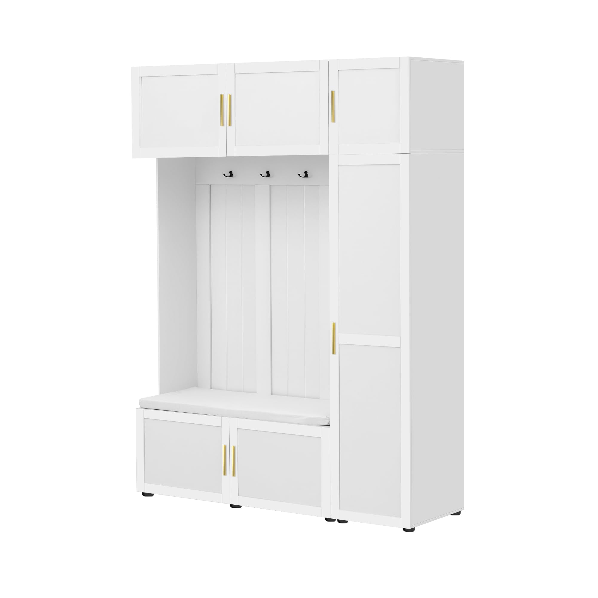 Amposei Modern Hall Tree with Shoe Storage Bench & Coat Rack, 79.72''H Tall Entryway Cabinet Organizer with 6 Doors, 4 Hooks & Padded Seat for Hallway Mudroom Living Room, White