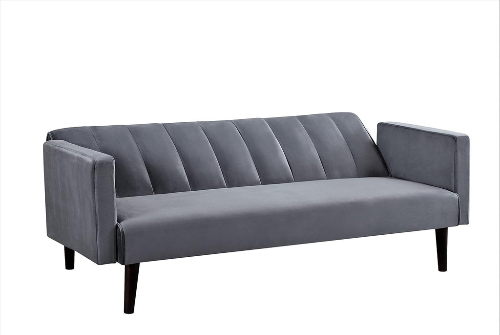 Container Furniture Direct 72" Velvet Convertible Futon Sofa Bed - Full Out Twin Sleeper Couch w/Channel Stitch, Wood Frame & High-Density Foam - Space-Saving for Apartments/Dorms, Grey