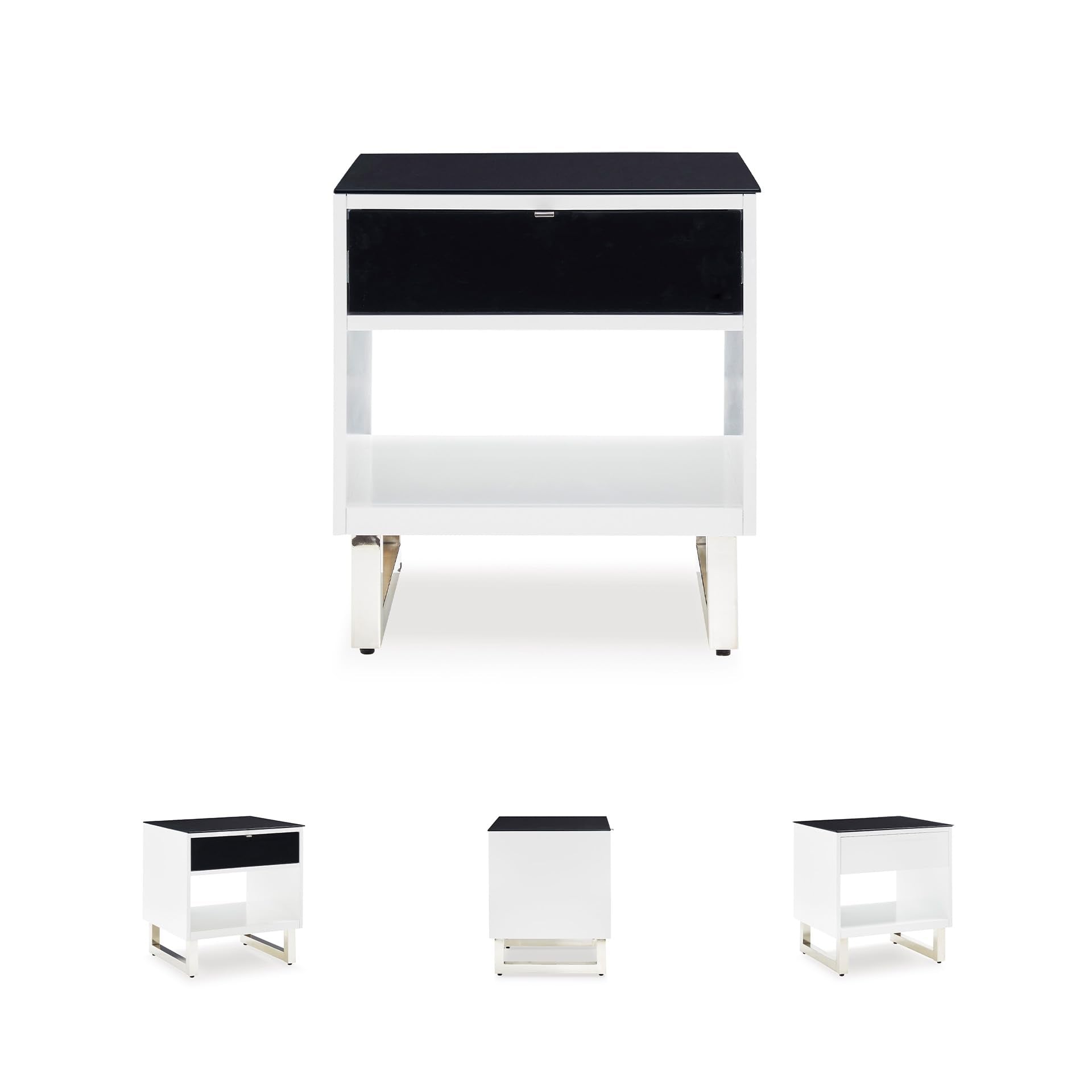 Signature Design by Ashley Gardoni Modern Glass-Tabletop End Table with 1 Drawer, Open Shelf, and High Gloss Finish, White & Black