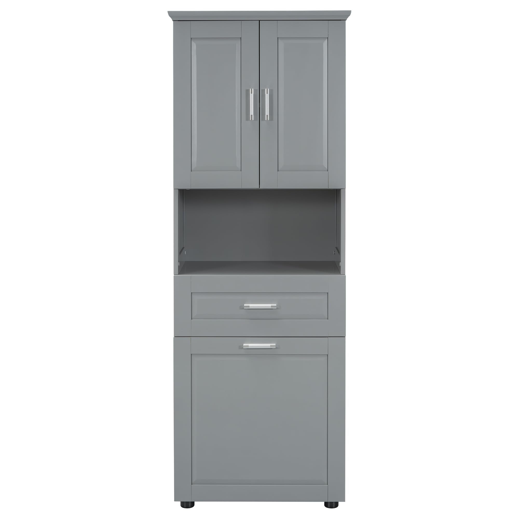 Storage Cabinet with Doors and Drawer, Multi-Functional Bathroom Storage Organizer with Laundry Hamper Basket and Open Shelf, Soft-Closing Door, Gray