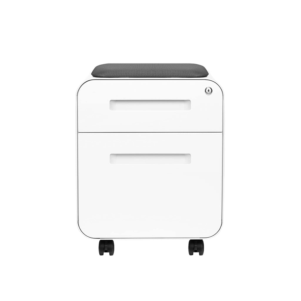 Laura Davidson Furniture STOCKPILE Mini Seated 2 Drawer Mobile File Cabinet with Removable Magnetic Cushion Seat - Short Version, Metal Filing Cabinet, Pre-Assembled, White with Grey Cushion
