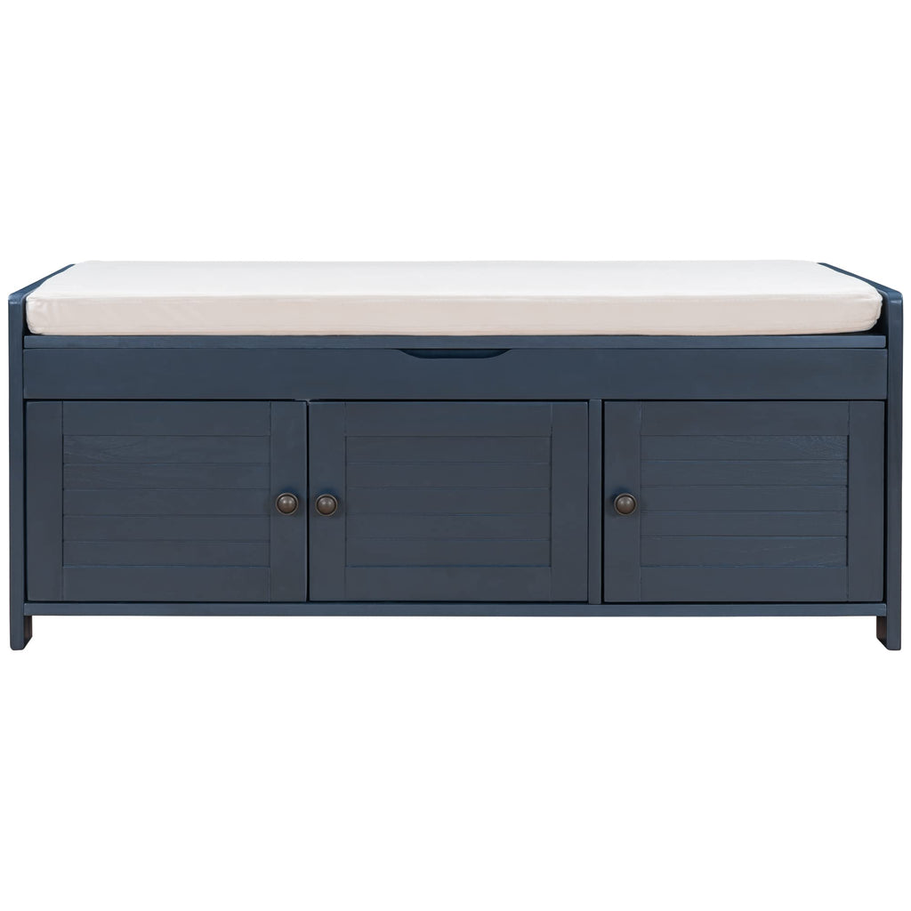 GDFStudio Jasd Storage Bench with 3 Shutter-Shaped Doors, Shoe Bench with Removable Cushion and Hidden Storage Space, Large Organizer Space, Wooden Foot Rest for Living Room Entryway, Antique Navy