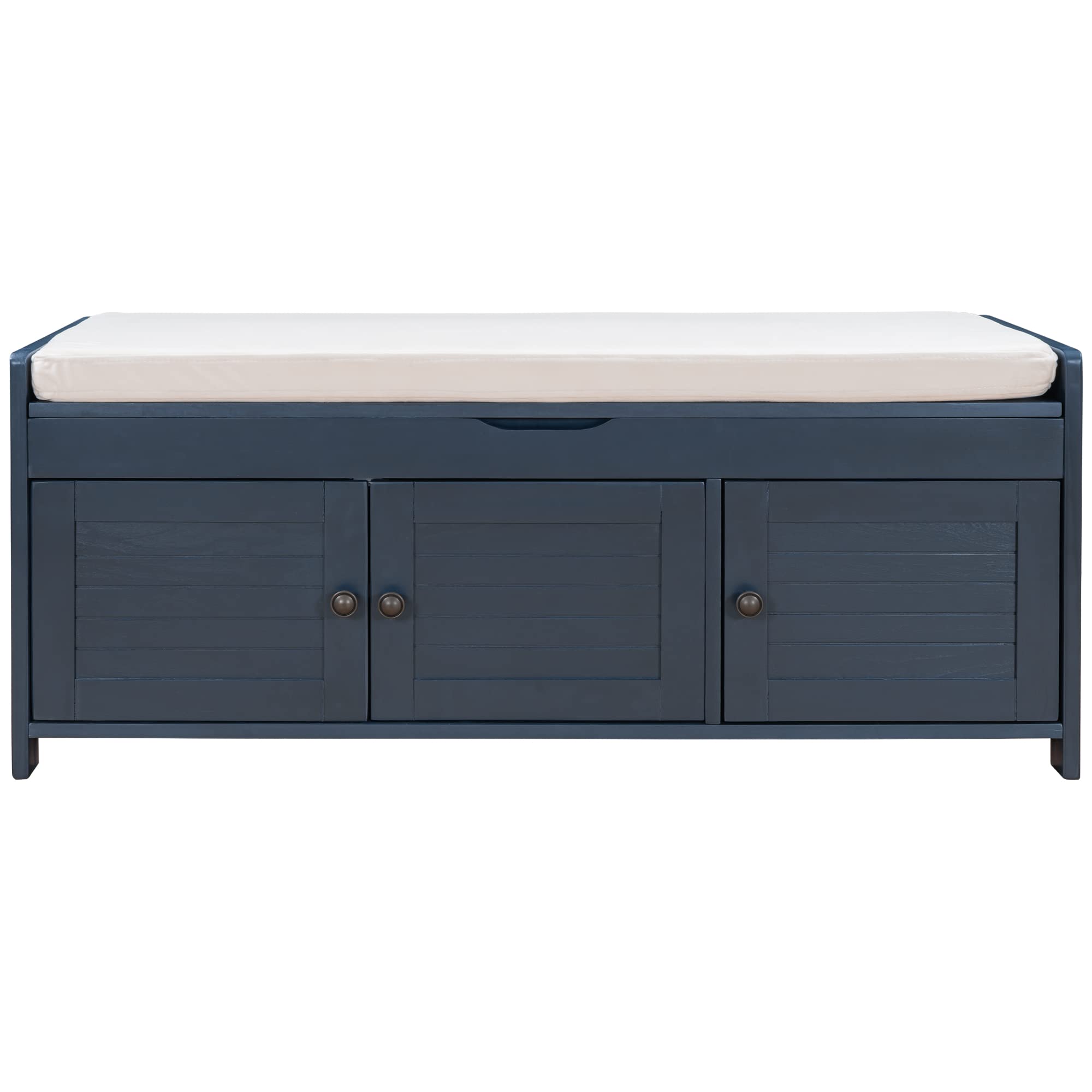 GDFStudio Jasd Storage Bench with 3 Shutter-Shaped Doors, Shoe Bench with Removable Cushion and Hidden Storage Space, Large Organizer Space, Wooden Foot Rest for Living Room Entryway, Antique Navy