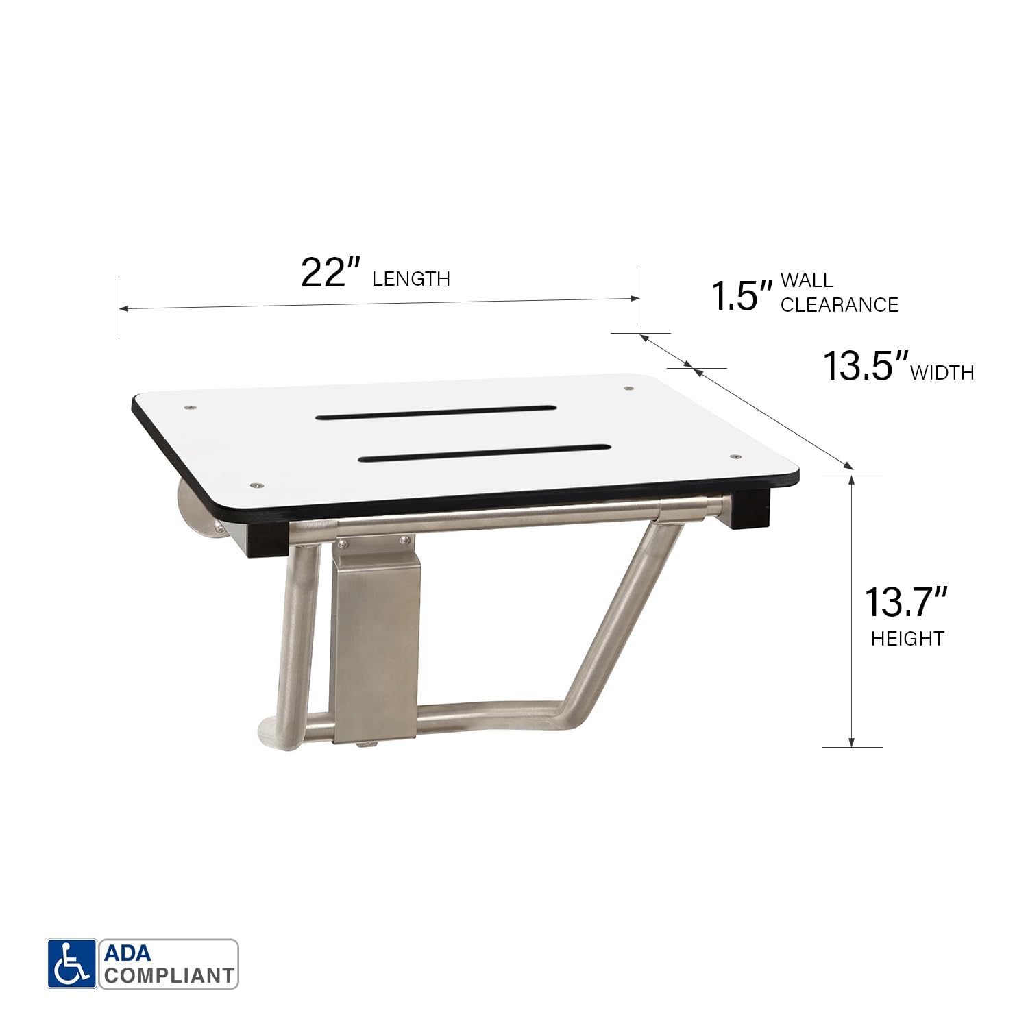 Seachrome Lift-Assist Shower Seat, Yoke-Style Bench, Wall Mount, 22" x 15", Solid White Phenolic