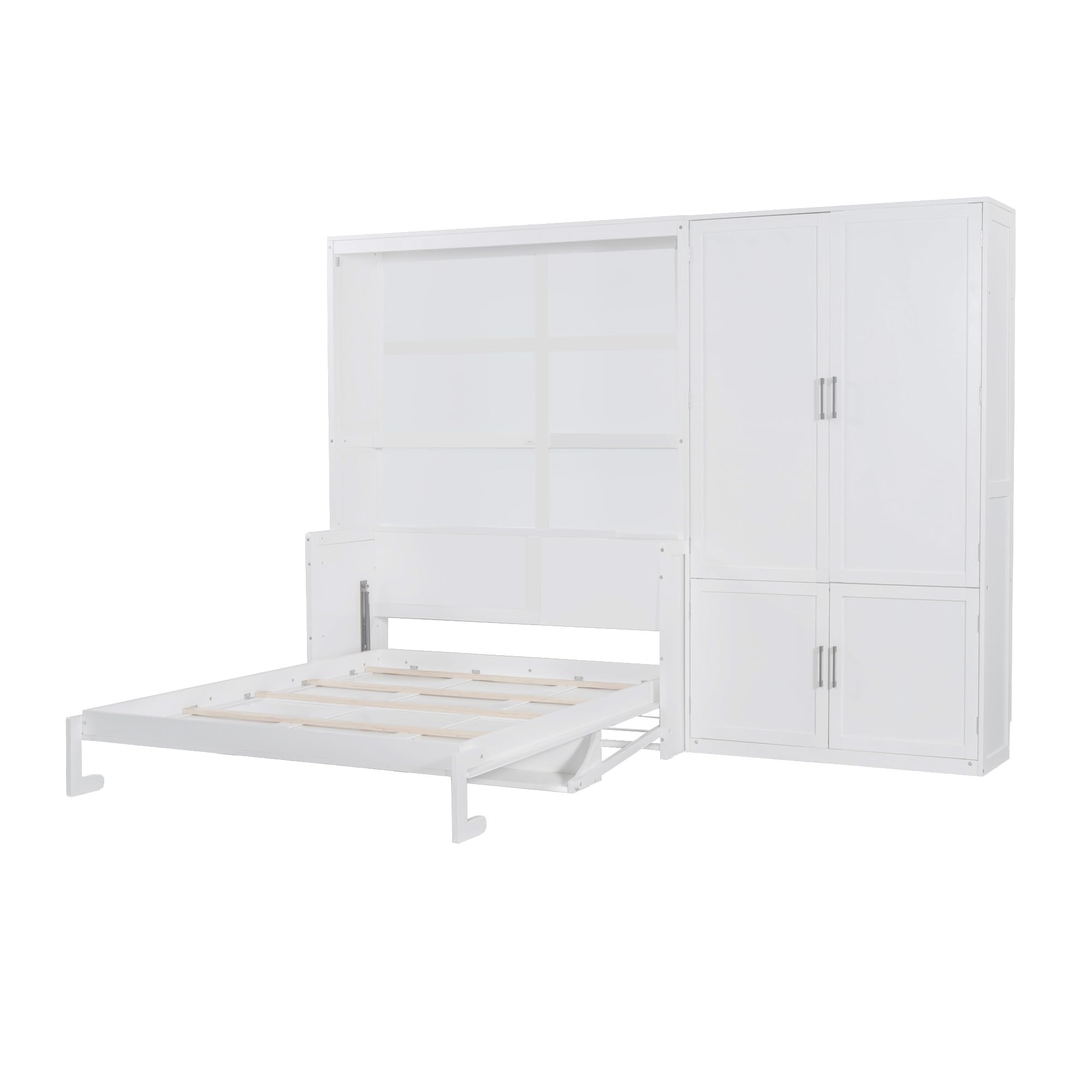 Ball & Cast Queen Size Murphy Bed Wall Bed with Built-in Wardrobe Storage and Hydraulic Lift System,Wood Hideaway Cabinet Platform Bedframe w/Slat Support,can be Folded,for Small Room,Dorms,White