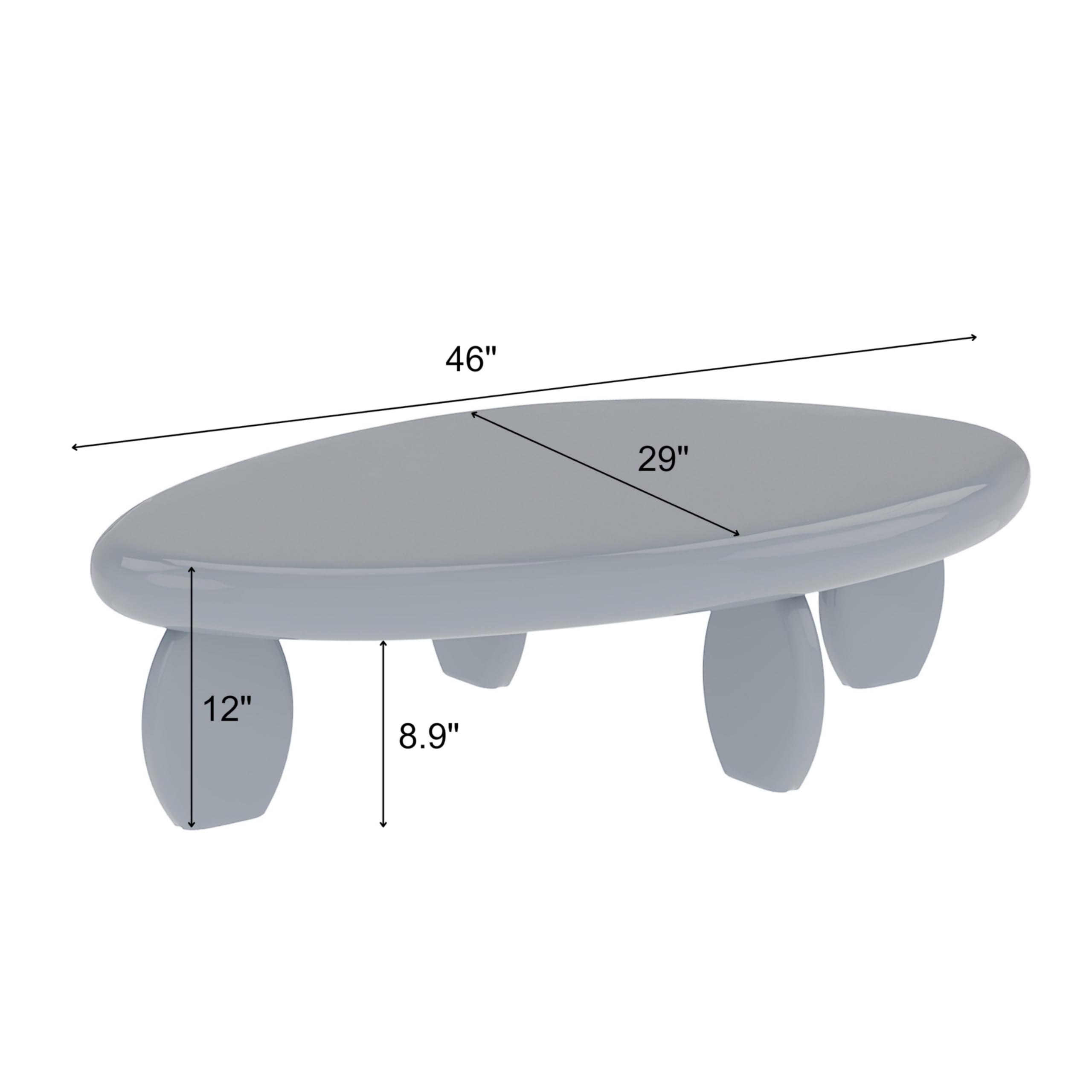 46" Modern Cobblestone Coffee Table, High Gloss Gray Oval Top with Sculptural Pebble Legs, Engineered Wood Construction, Contemporary Centerpiece for Living Rooms, Minimalist Home Interiors, Gray