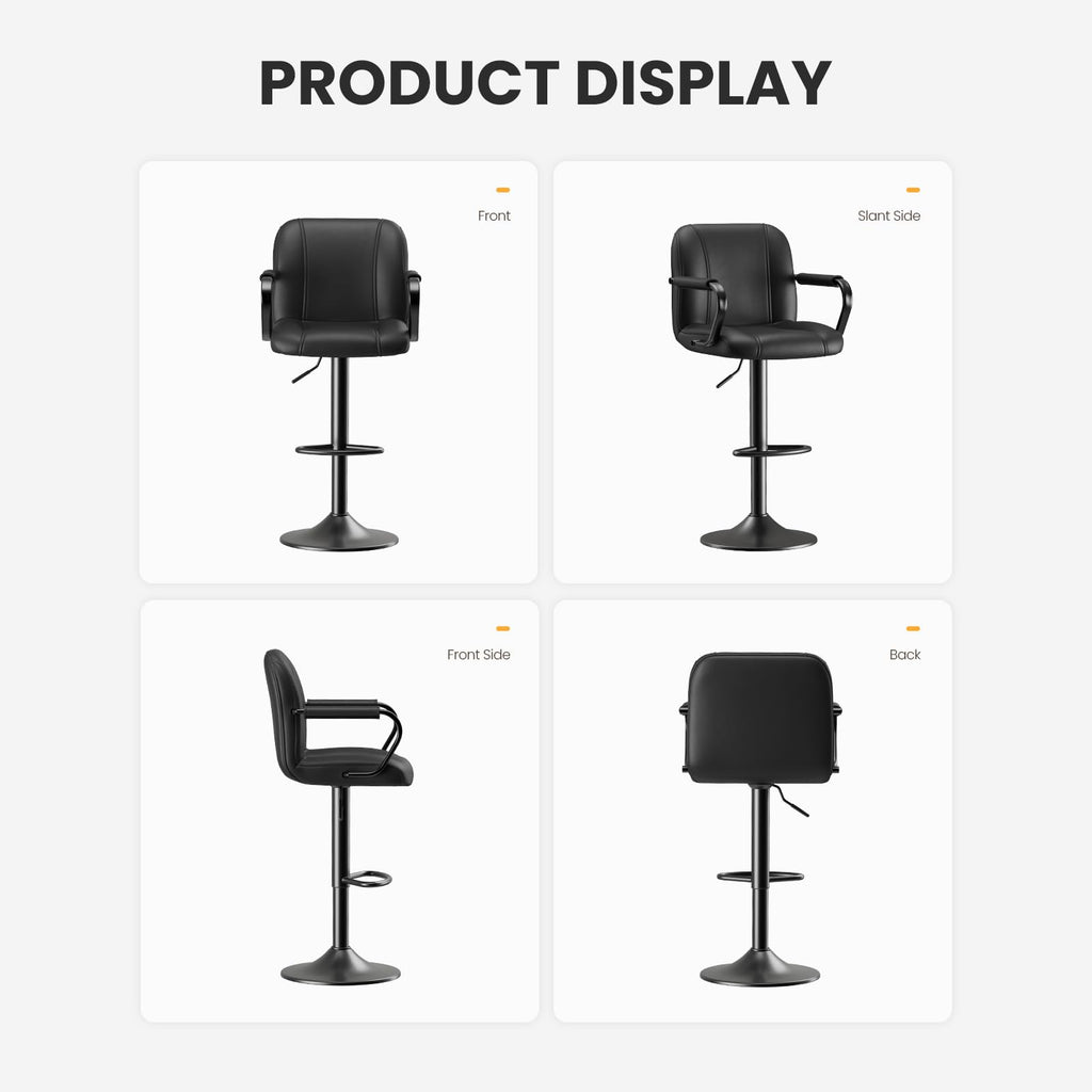 MALOL Set of 4 Kitchen Bar Stools with Armrest and Back - Sillas para Barra de Cocina, Adjustable Barstools for Island Counter, Bar Chairs, Bancos para Barra de Cocina, Black Finish