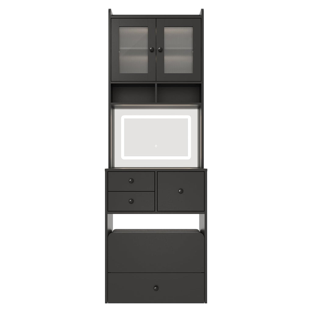 Garvee 3 in 1 Vanity Desk with LED Light, Tall Makeup Vanity Set with 2 AC Outlets & USB-c, Dressing Table with Drawers & Acrylic Doors, Nightstand Vanity Mirror, Jewelry Box, Cushioned Chair, Black