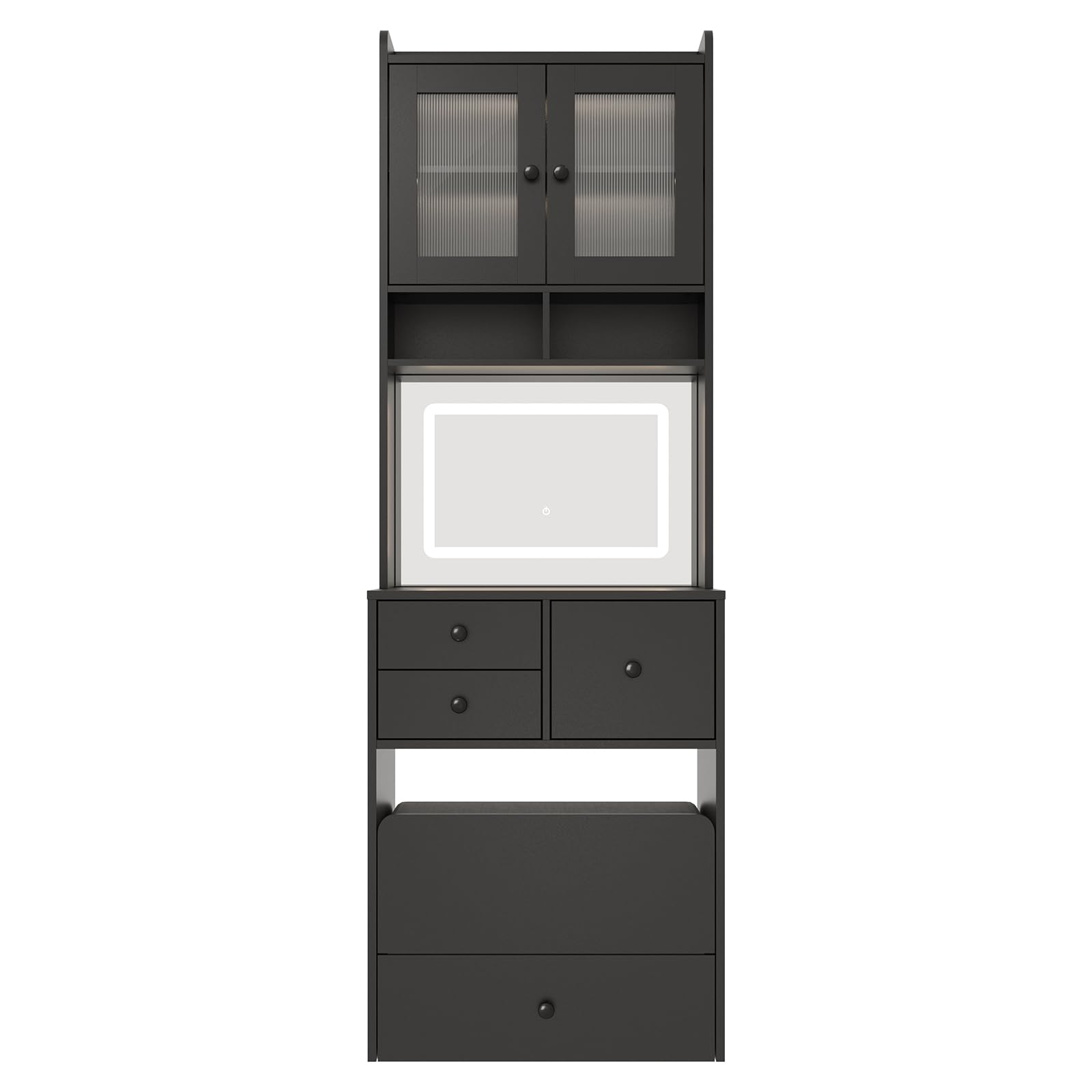 Garvee 3 in 1 Vanity Desk with LED Light, Tall Makeup Vanity Set with 2 AC Outlets & USB-c, Dressing Table with Drawers & Acrylic Doors, Nightstand Vanity Mirror, Jewelry Box, Cushioned Chair, Black