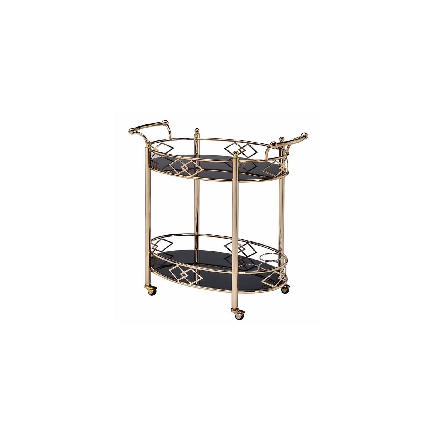 HomeStock Gold Serving Cart with Glass Shelves - Metal Bar Cart, Drink Cart, Kitchen Utility Cart