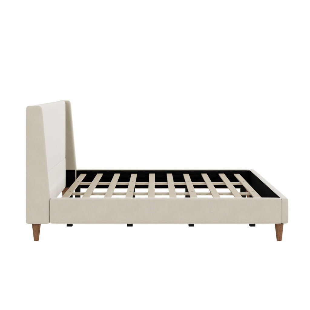 Merax Solid Wood King Size Velvet Bed Frame with Wingback Headboard, Modern Upholstered Platform with Walnut Wooden Legs, Strong Wooden Slats, No Box Spring Needed, Beige