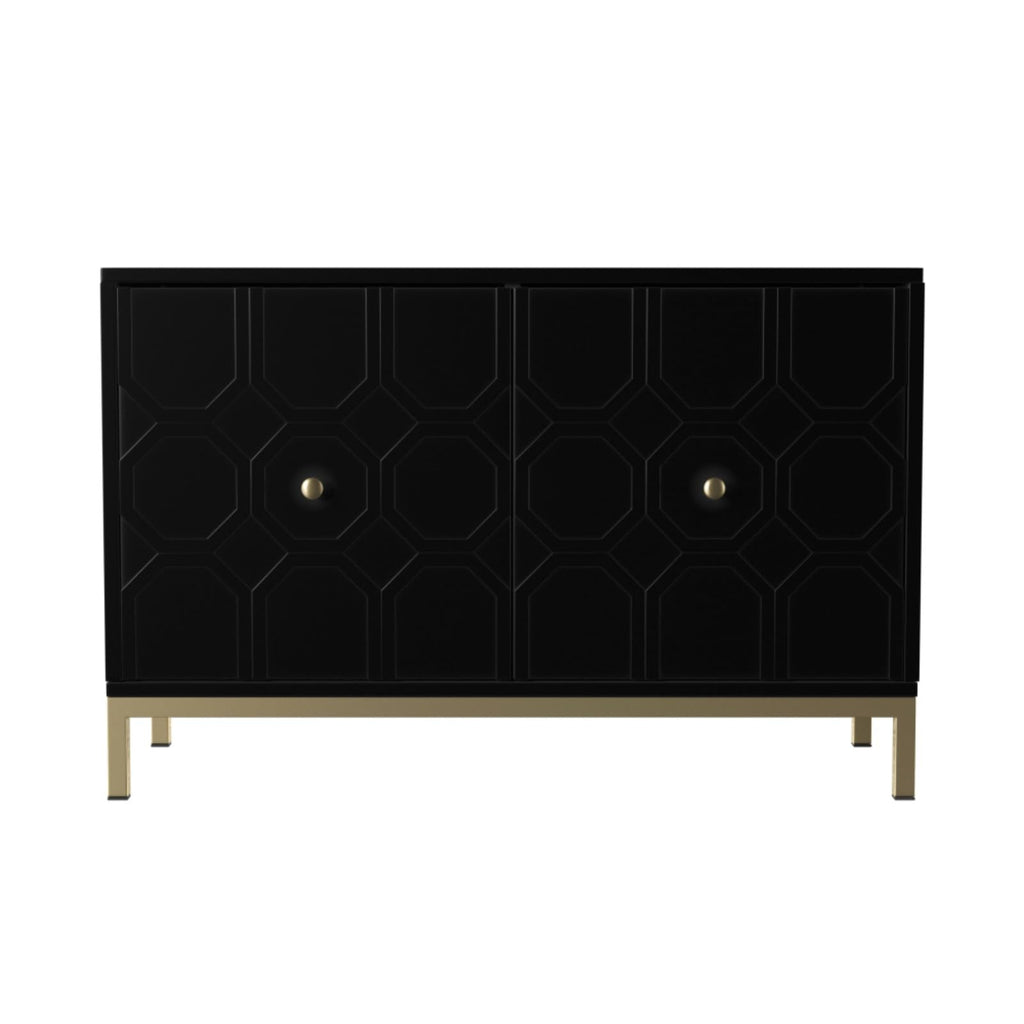 Hassyee Modern Design Two Carved Door Accent Cabinet with Metal Base, Space Saving Floor Display Cabinet for Stemware, Board Games, or Movie Collection