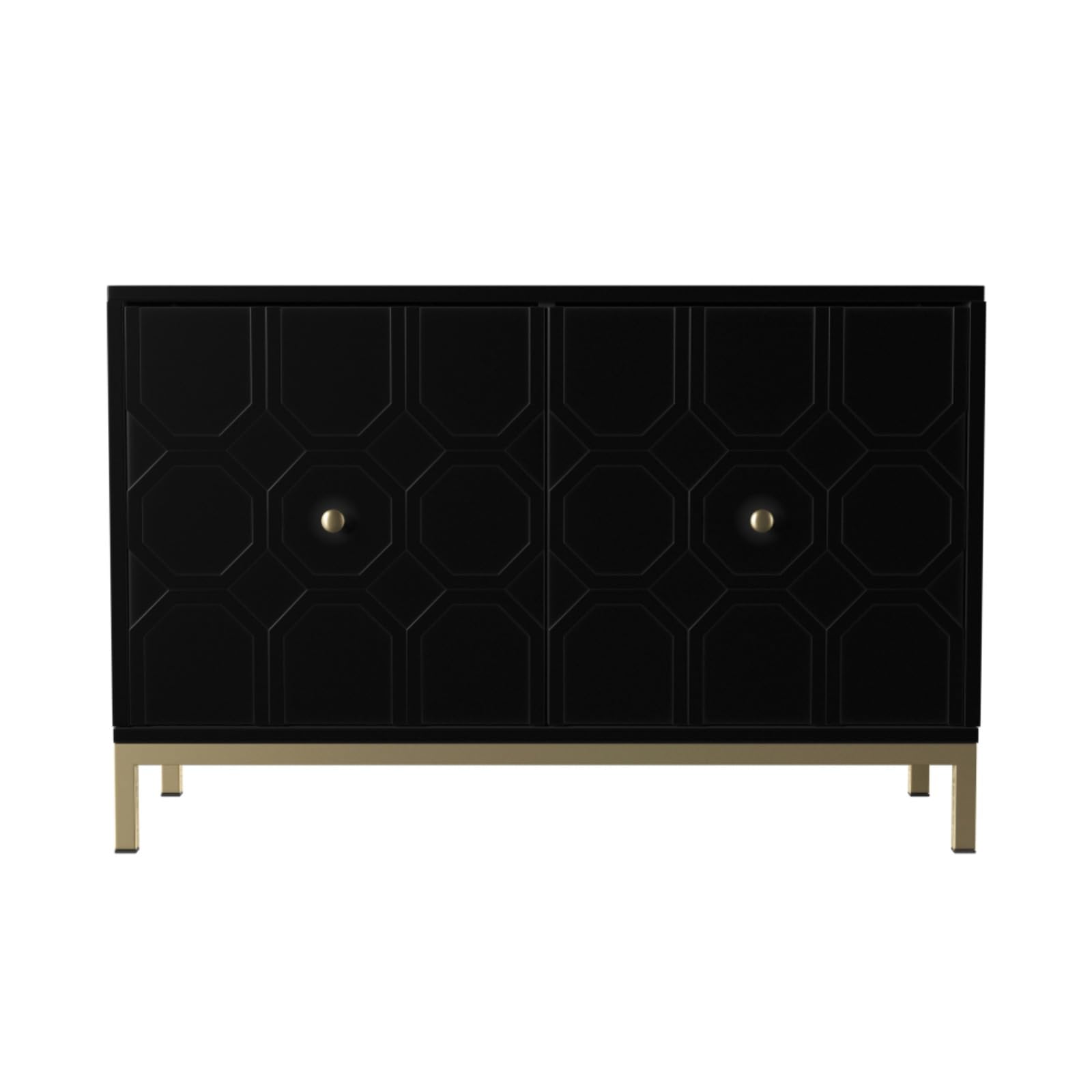 Hassyee Modern Design Two Carved Door Accent Cabinet with Metal Base, Space Saving Floor Display Cabinet for Stemware, Board Games, or Movie Collection
