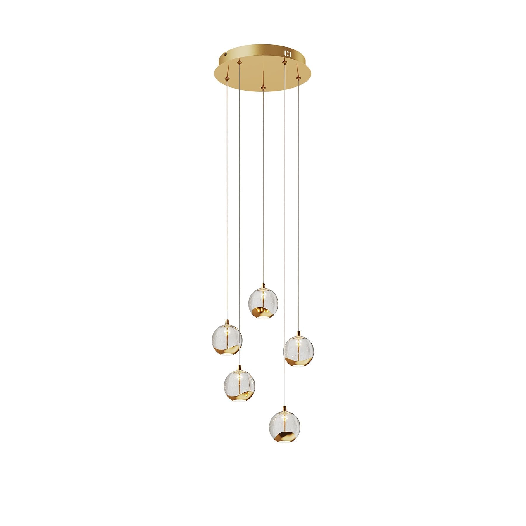 Lucande 5-Light Modern Gold Glass Globe Chandelier, Hanging Cluster Pendant Light Kitchen Island & Foyer Chandelier, Warm White 3000K, Brushed Gold Pendant Lights Cluster, Ø 11.03 in