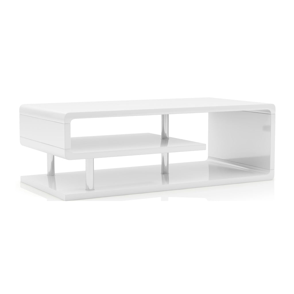 24/7 Shop At Home Vannie 47” Modern Rectangle Coffee Table, Contemporary Furniture, G-Shaped Open Shelf Storage For Living Room, Home Office, Bedroom, Gloss Coating, Round Edge, White