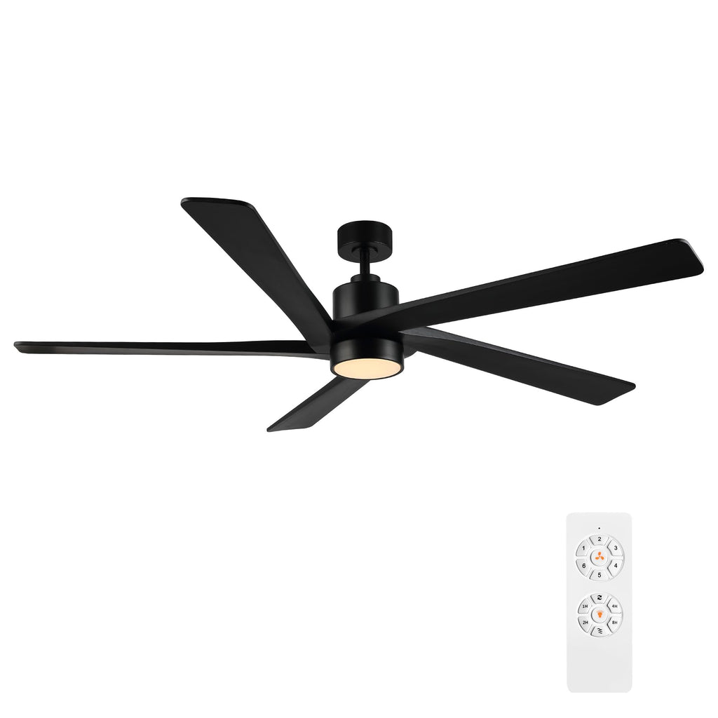 WINGBO 64" DC Ceiling Fan with Lights, 5 Carved Solid Wood Blades, 6-Speed Reversible DC Motor, Matte Black Finish Ceiling Fan with Remote, Black