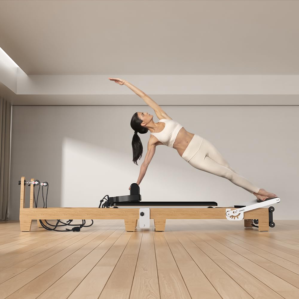 Wooden Foldable Pilates Reformer Machine, Quick-Assembly Studio Grade Pilates Reformer for Home and Gym, Pilates Equipment with Adjustable Resistance, Jump Board and Accessories