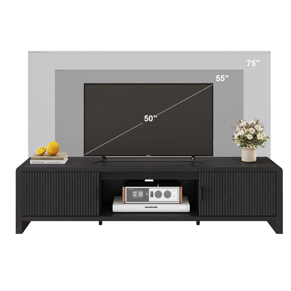 FATORRI TV Stand for 75/65/55 Inch TVs, Mid Century Modern Entertainment Center with Storage, Wooden Television Media Console Cabinet with Fluted-Door for Living Room, Bedroom (63 Inch W, Black)