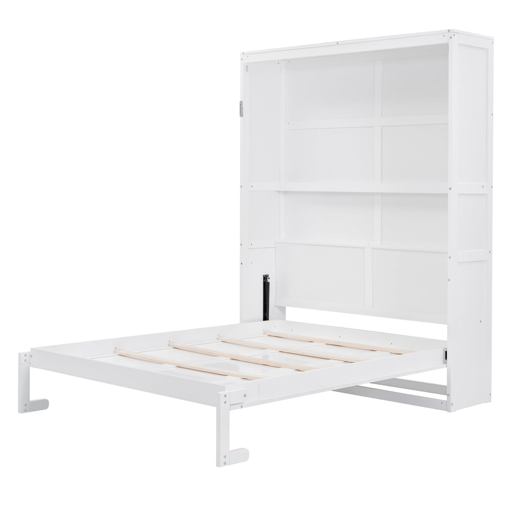 Jintop Queen Size Murphy Bed Wall Beds with Storage Shelves,Hide Away Bed Frame Easily Folds into Wood Cabinet,W/Mattress Holder,for Small Space,Guest Room,Apartment,White