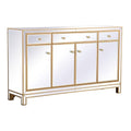 Pemberly Row Modern 60" Metal and MDF Mirrored Credenza, Gold Finish, 4 Doors, 3 Shelves, Rectangle Shape, Soft Closing Hand-Painted Storage Cabinet for Living Room, Dining Room, or Entryway Use