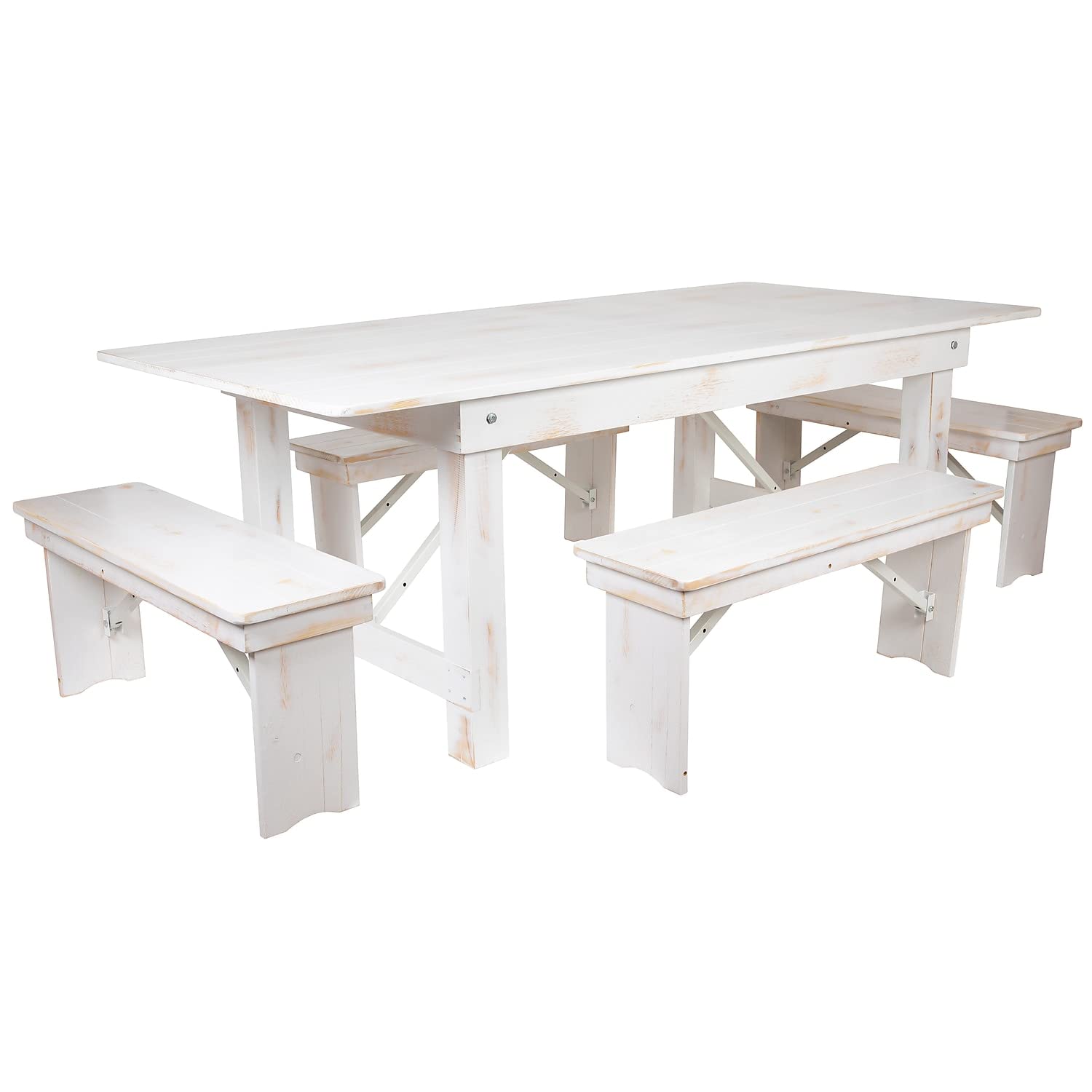 Flash Furniture HERCULES Series 7' x 40" Antique Rustic White Folding Farm Table and Four Bench Set