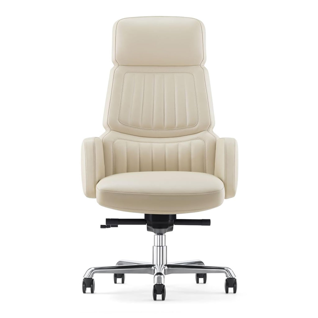 FURIJING Genuine Leather Office Desk Chair with High Back Aluminum Swivel Base Ergonomic Synchro-Tilt Reclining Mechanism Real Leather Executive Chair-Light Beige