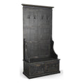 Pemberly Row Modern Hall Tree, Mahogany Wood, Black Sand Finish, Crown Molding Accents, 4 Double Prong Hooks, 2 Storage Cubbies, Rustic Style Entryway Organizer with Seat