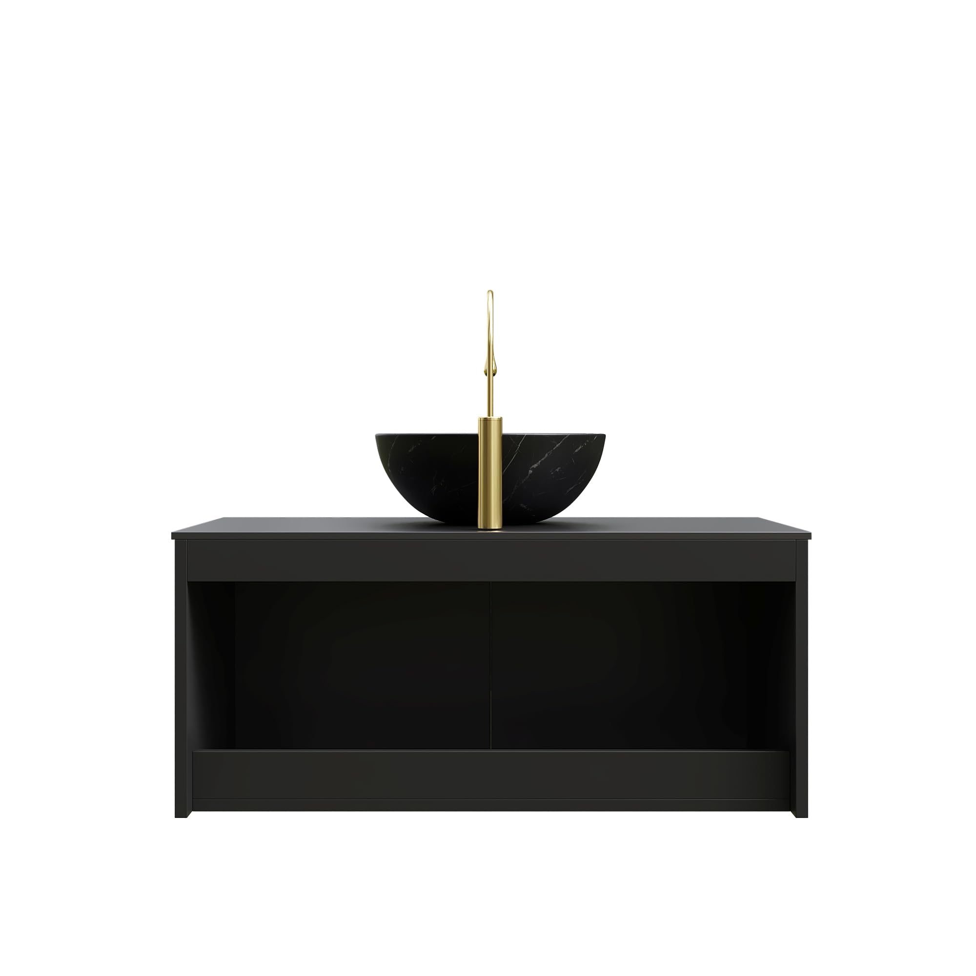 36" Floating Bathroom Vanity with Vessel Sink, RUBEN Wall Mounted Plywood Cabinet, Sintered Stone Countertop, Twill Double Doors with Metal Trim, Modern Storage Unit, Bowl Black Stone Ceramic Basin