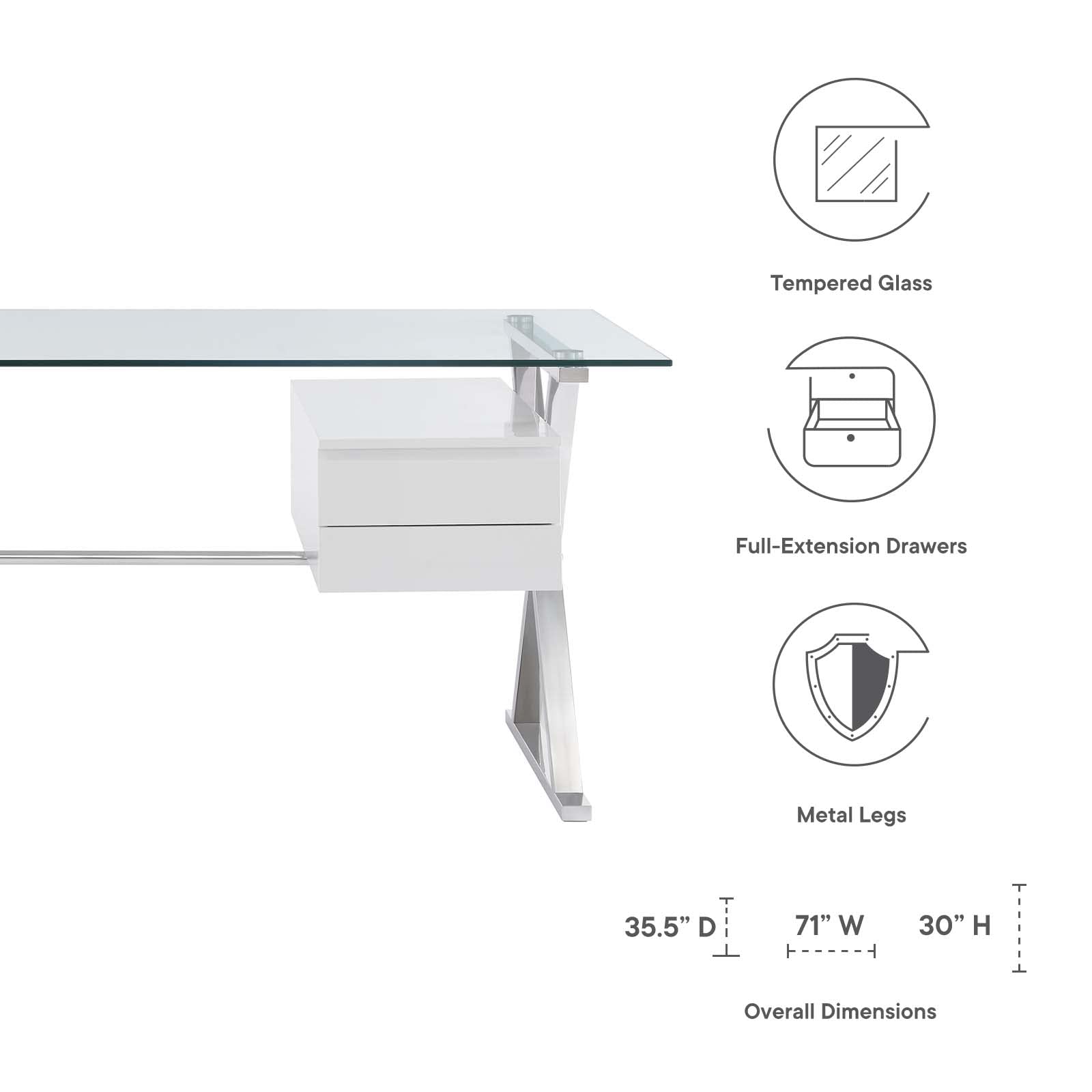 Modway EEI-6226-WHI Sector 71" Glass Top Glass Office Desk, White