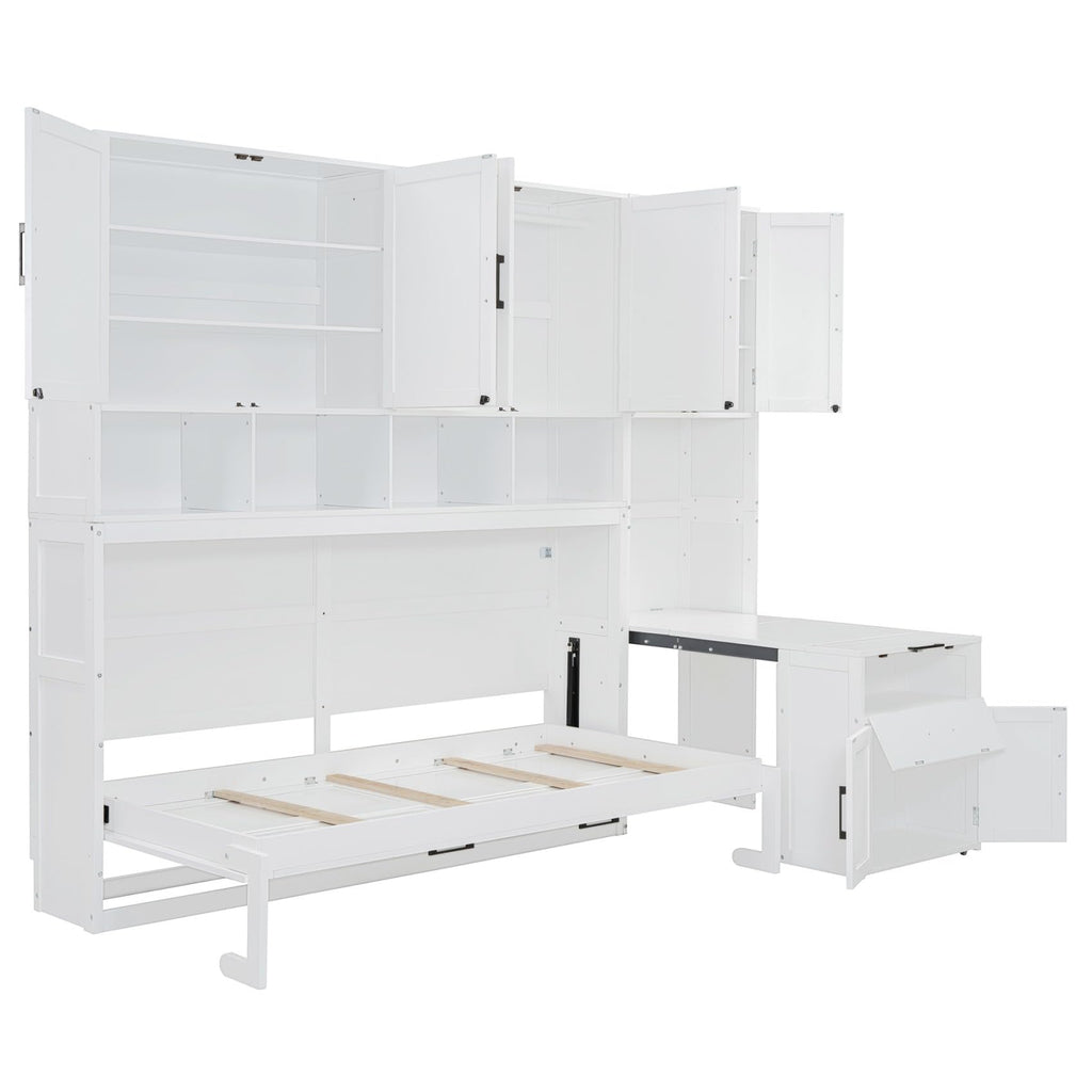 Merax 90.4"H Twin Size Murphy Bed Cabinet With Built-in Desk, Storage Closet, Drawers & Shelves, Wood Foldable Hidden Wall Platform Bedframe For Home, Bedroom, Small Room, Apartment, Reversible, White