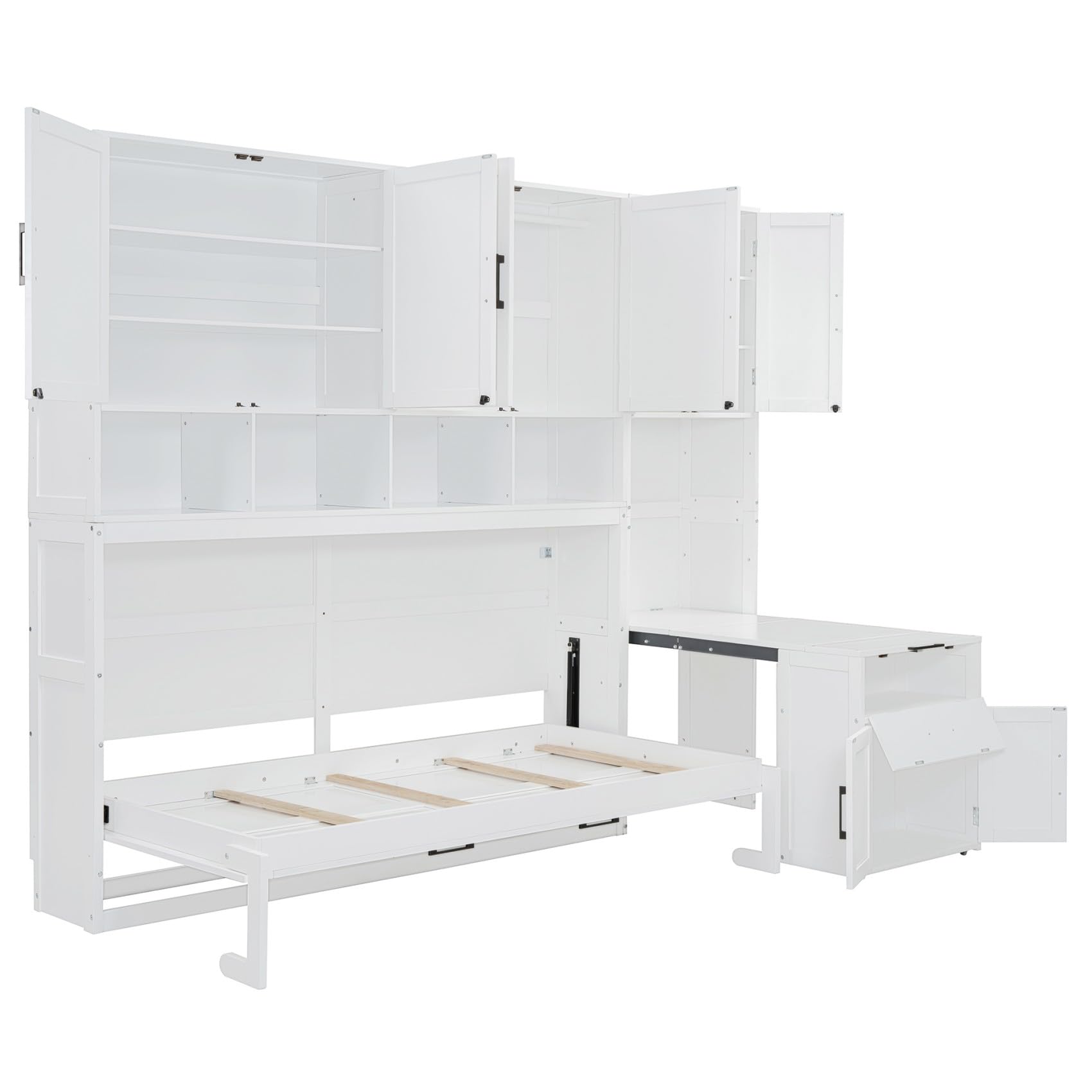 Merax 90.4"H Twin Size Murphy Bed Cabinet With Built-in Desk, Storage Closet, Drawers & Shelves, Wood Foldable Hidden Wall Platform Bedframe For Home, Bedroom, Small Room, Apartment, Reversible, White