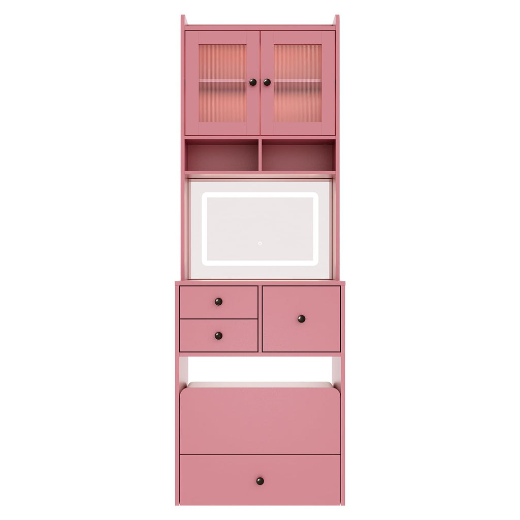 Garvee 3 in 1 Vanity Desk with LED Light, Tall Makeup Vanity Set with 2 AC Outlets & USB-c, Dressing Table with Drawers & Acrylic Doors, Nightstand Vanity Mirror, Jewelry Box, Cushioned Chair, Pink