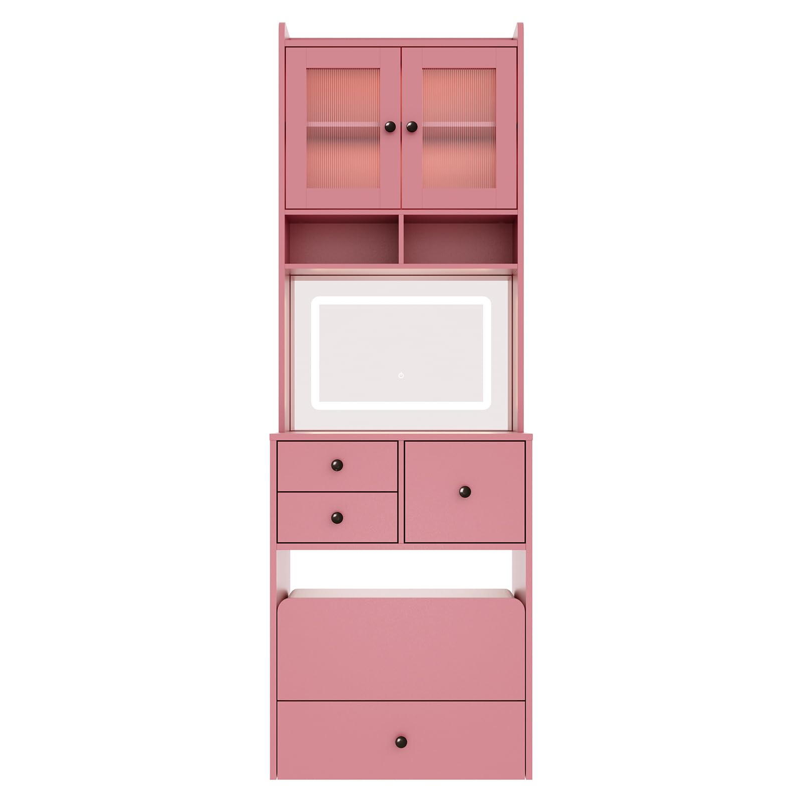 Hetoy 3-in-1 Vanity Desk with Sliding LED Mirror, AC Outlets & USB-C, 4 Drawers, Acrylic Doors, Storage Stool, Cushioned Chair - Complete Makeup Dressing Table Set for Bedroom - Pink