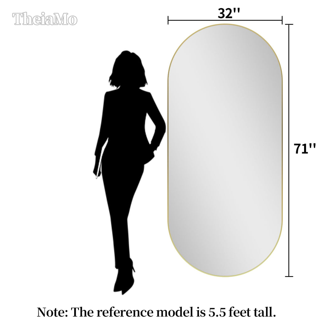 TheiaMo Oval Full Length Mirror, 71"×32" Wall-Mounted Mirror with Gold Frame in Shiny Gold, Ultra-Clear Explosion-Proof Dressing Mirror, Simple & Classic Deco for Cloakroom/Bedroom/Living Room