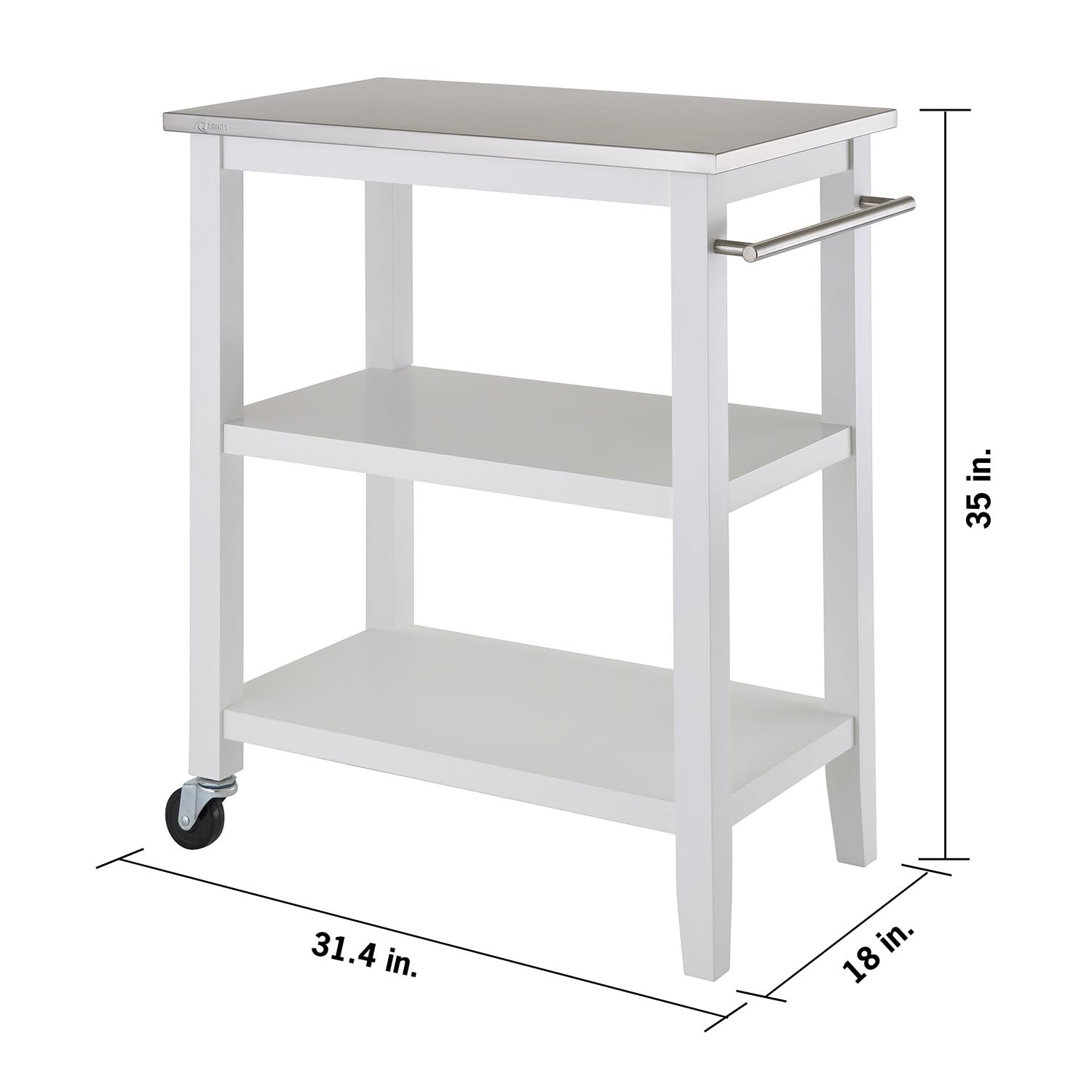 TRINITY 3-Tier Mobile Kitchen Island Storage Cart with Stainless Steel Top, 31.4" x 18" x 35", White