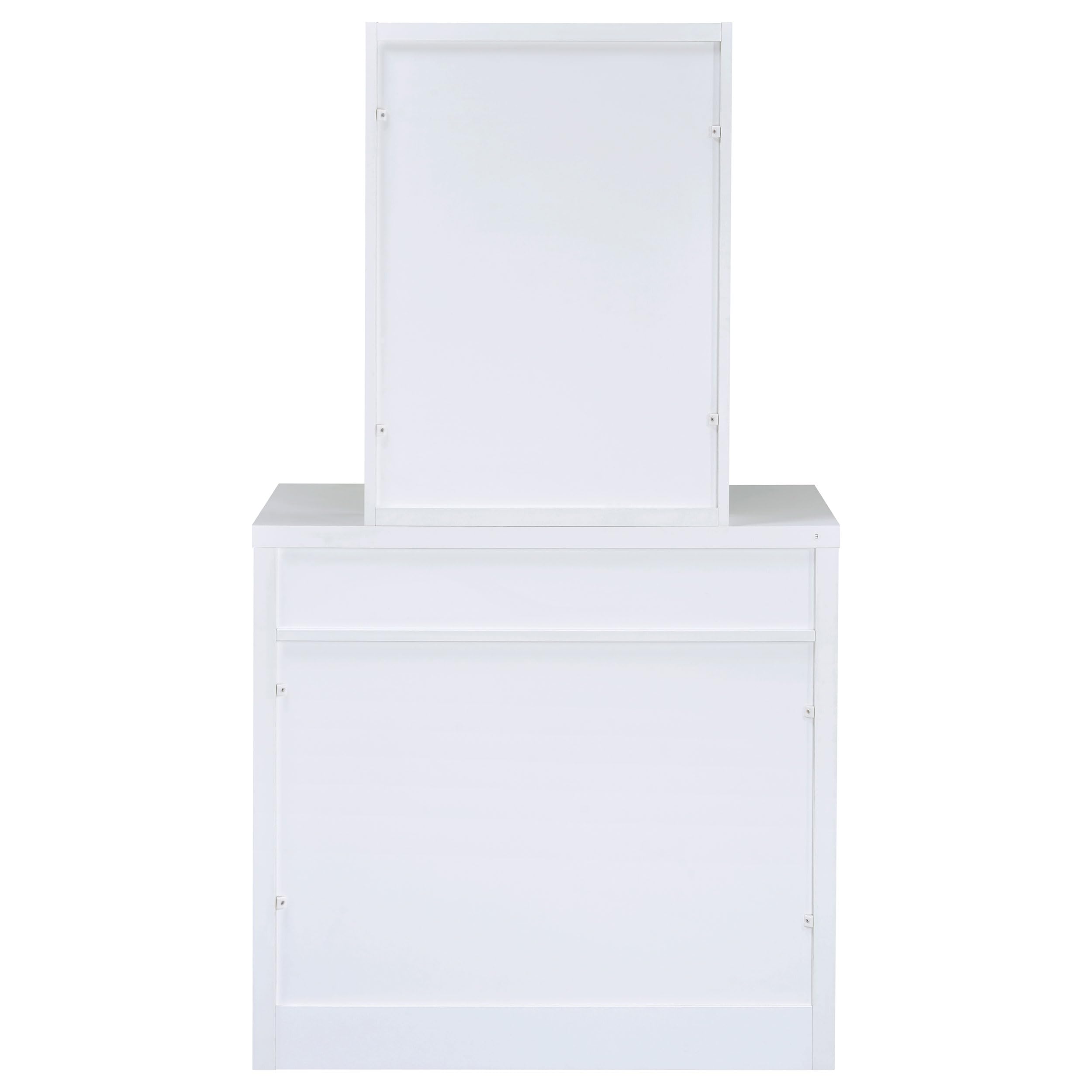 Coaster Home Furnishings Harvey Contemporary 3-Piece 1-Drawer Makeup Vanity Desk with Jewelry Storage Vanity Mirror and White Faux Leather Upholstered Storage Vanity Stool White 300290