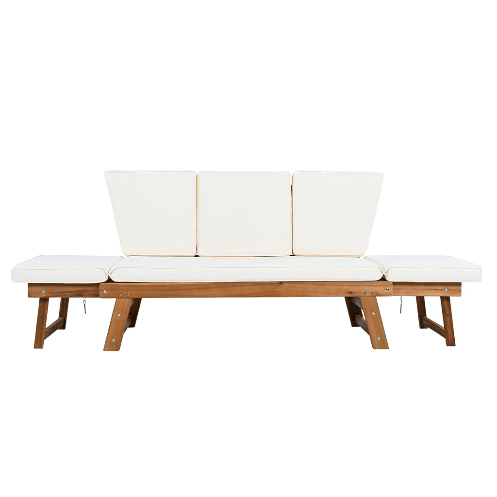 FAVSH Outdoor Adjustable Wooden Chaise Lounge, Patio 3 Seat Daybed Sofa Chairs with Cushions for Small Places,Backyard,Poolside,Natural+Beige