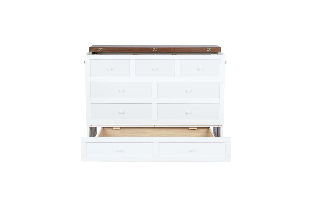 Bellemave Full Murphy Bed with Storage Drawer and Charging Station, Cabinet Bed, Farmhouse Murphy Cabinet with Foldable Panel, Noisy Free, for Guest Bedroom, Living Room, White+Walnut Panel