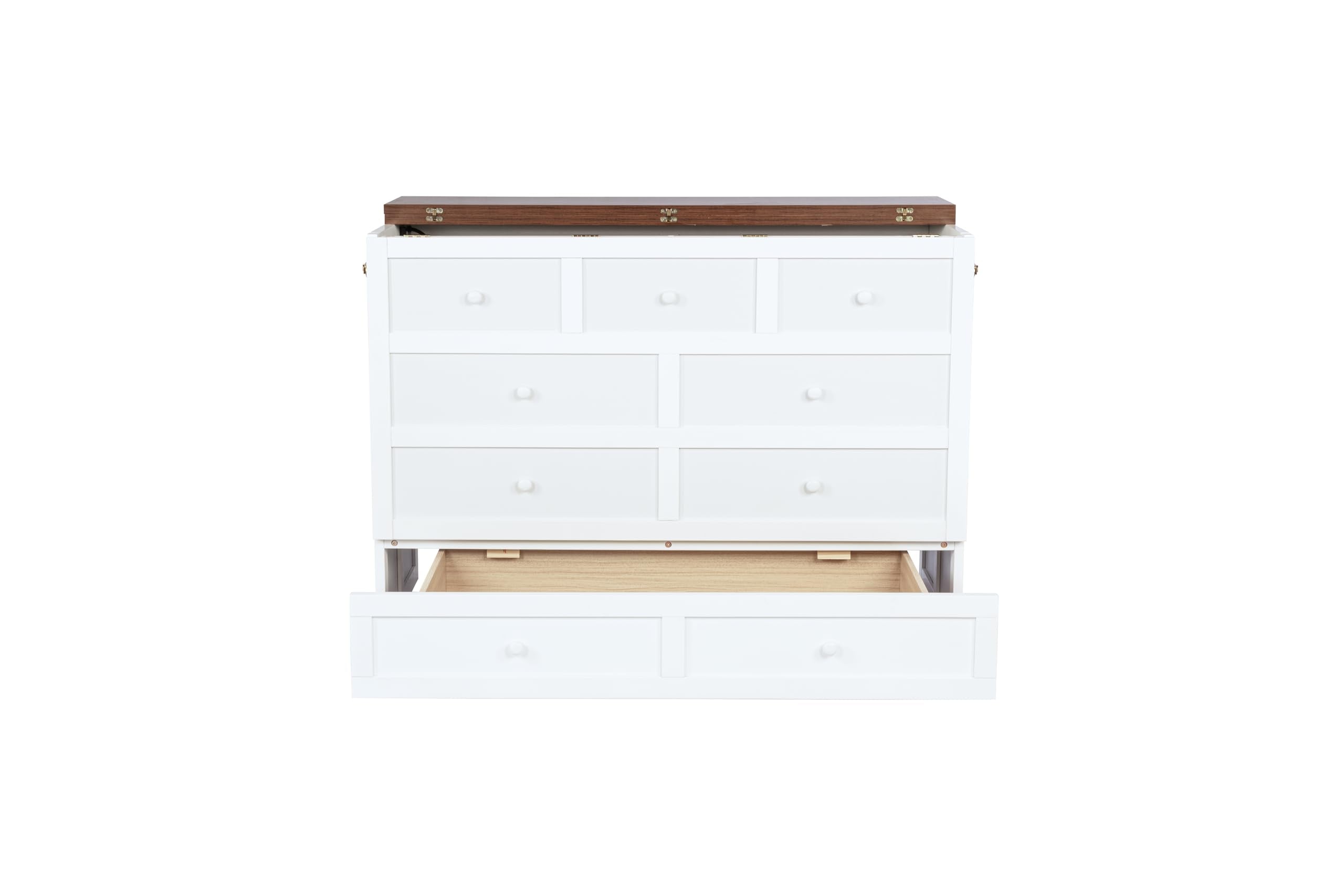 Bellemave Full Murphy Bed with Storage Drawer and Charging Station, Cabinet Bed, Farmhouse Murphy Cabinet with Foldable Panel, Noisy Free, for Guest Bedroom, Living Room, White+Walnut Panel