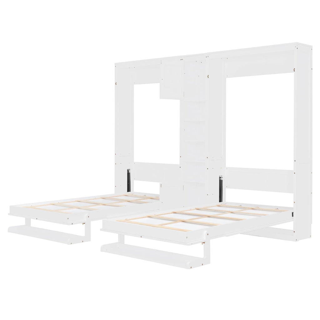 Merax Dual Twin Murphy Bed with Cabinets and Shelves, Space Saving Wall Bed with Storage, Foldable Twin Beds with Convertible Shelf Legs for Guest Room, Small Space, White