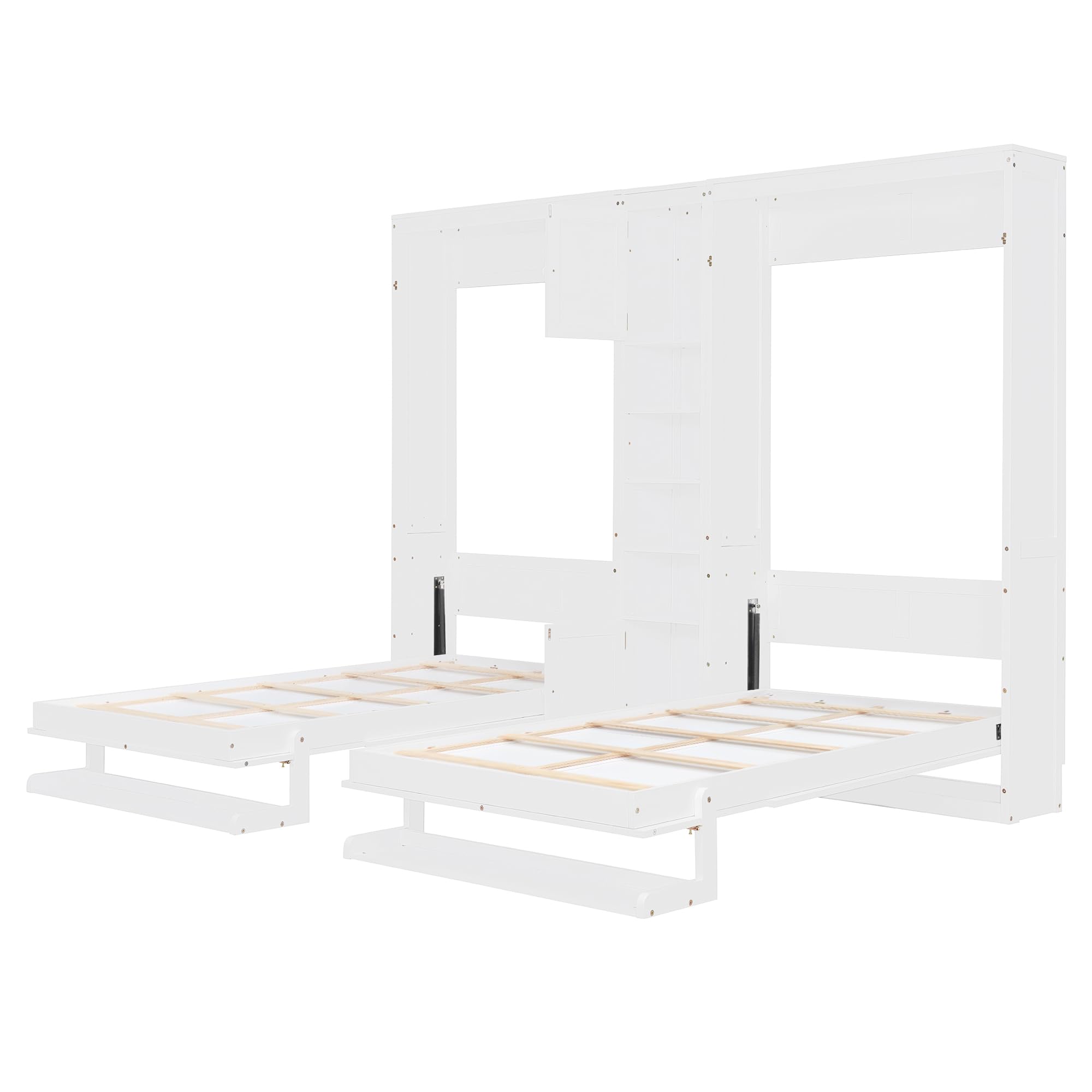 Merax Dual Twin Murphy Bed with Cabinets and Shelves, Space Saving Wall Bed with Storage, Foldable Twin Beds with Convertible Shelf Legs for Guest Room, Small Space, White