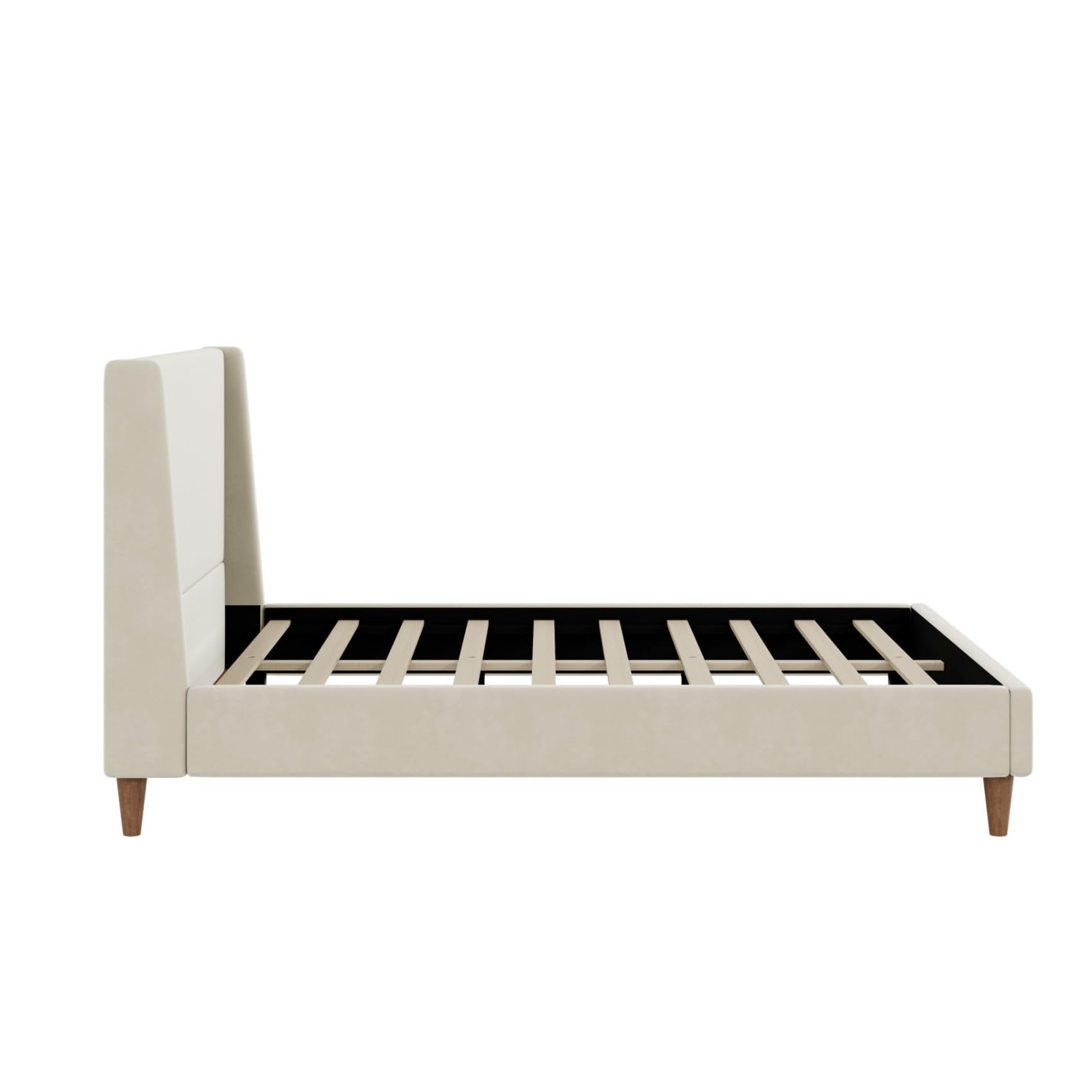Merax Velvet Queen Size Bed Frame with Wingback Headboard, Solid Wood Upholstered Platform with Round Legs, No Box Spring Needed, Beige