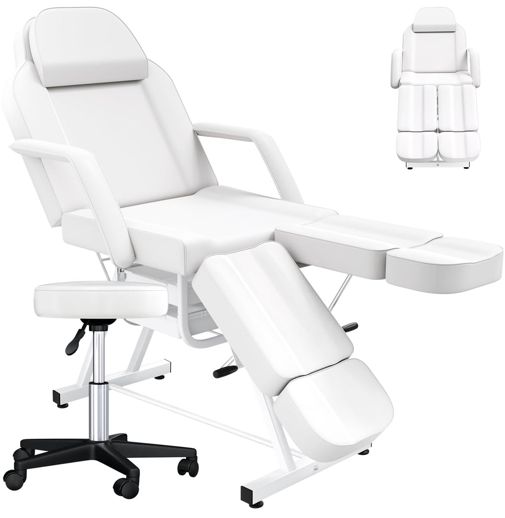 Facial Chair Tattoo Chair for Client, Facial Bed Esthetician Adjustable Massage Table with Headrest & 360° Rolling Stool, Split Legs Design, Lash Bed for Salon Spa Massage Equipment, Elegant White