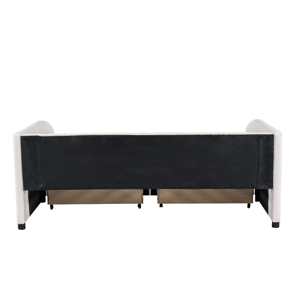 Jintop Twin Size Velvet Daybed with Two Drawers and Stripe Shaped Headboard Design,Upholstered Wooden Storage Bed Frame,w/Ergonomic Design Backrest,for Bedroom,Living Room,Beige
